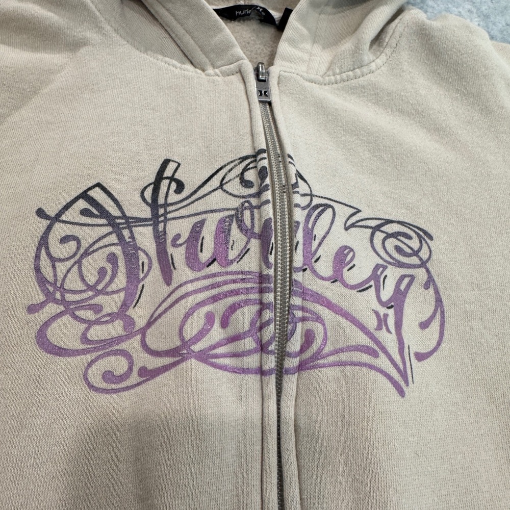 Y2K Hurley Womens Zip Up Hoodie Tan Beige Purple Graphic Logo Skater - Picture 4 of 8
